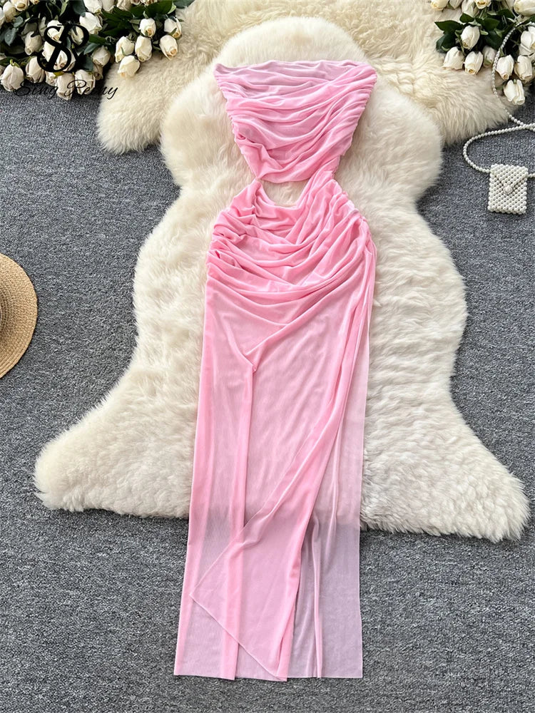 SINGREINY Summer Thin Mesh Long Dress Ladies Strapless Pleated Skinny Off The Waist Chic American Ins Sexy Split Bodycon Dress