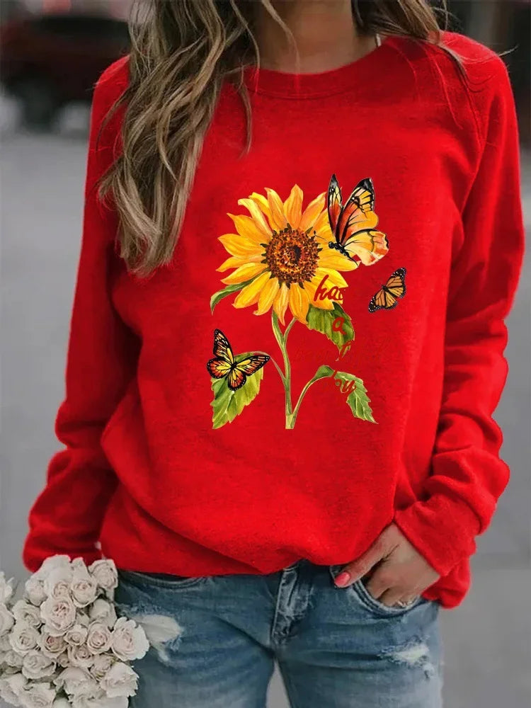 New  Long-sleeved Sunflower Butterfly Print Casual Round Neck Head Round Neck European Hoodie Woman Sweatshirt  Clothes