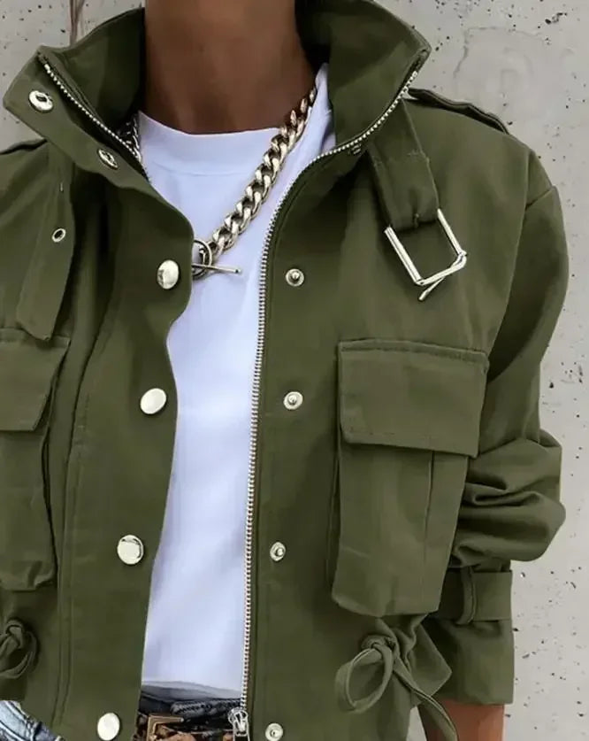 Woman Jacket Clothing Streetwear  Elegant Slim Round Neck Solid Pocket Button Design Long Sleeve Workwear Coats 2023 Autumn