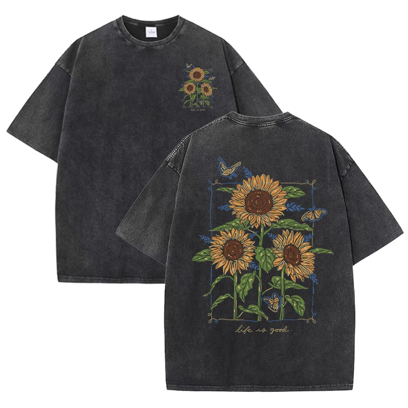Life Good Beautiful Sunflower Print Washed Plus Size T Shirts Women Soft Cotton T-Shirt Street Short Sleeve Summer Casual Tops