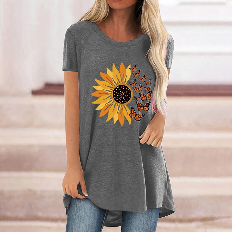 Summer Sunflower Floral 3D Print T-shirt Women Fashion Streetwear Casual O-Neck T Shirts Y2K Tops Tees Female Oversized Clothing