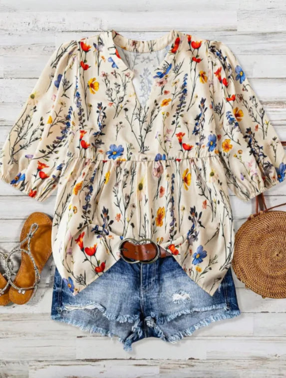 Plus Size 1XL-5XLAutumn Women's Fashion Floral V-Neck Bishop Sleeve Blouse Women Flower Print Elegant Casual Shirt