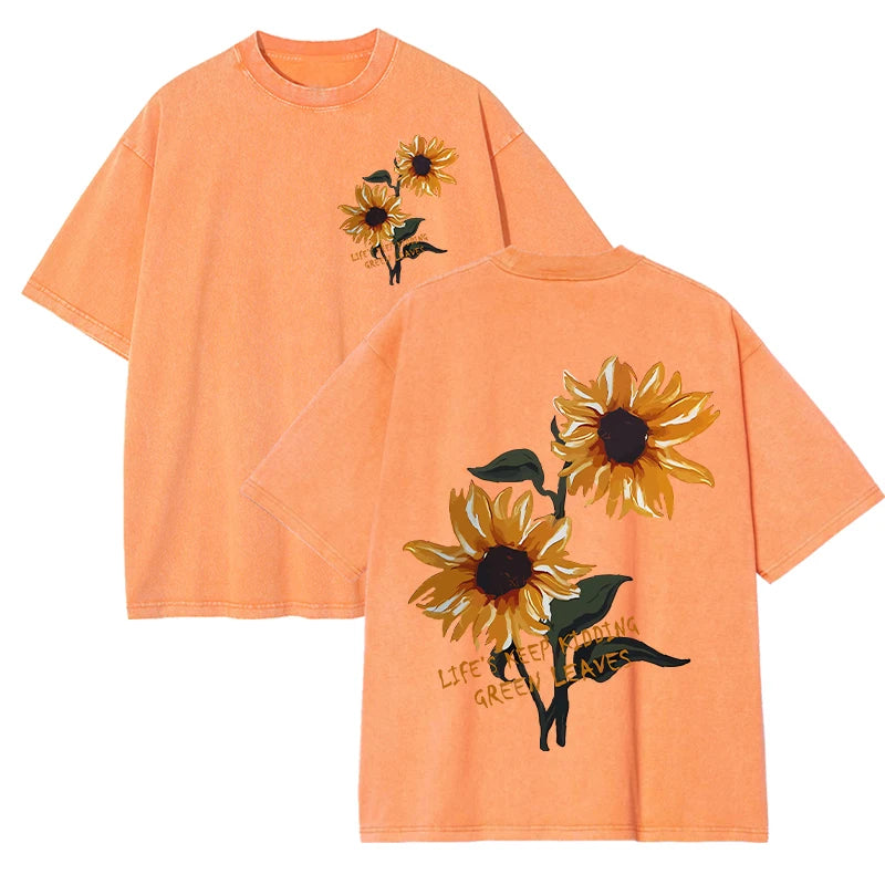 Life Good Beautiful Sunflower Print Washed Plus Size T Shirts Women Soft Cotton T-Shirt Street Short Sleeve Summer Casual Tops