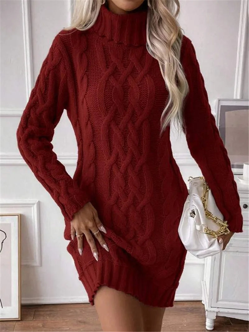 Winter Clothes Woman Pulls Femmes High Neck Vestidos Slim Fit Sweater Knitted Long Sleeve Dress All-match Simple Style Commuting