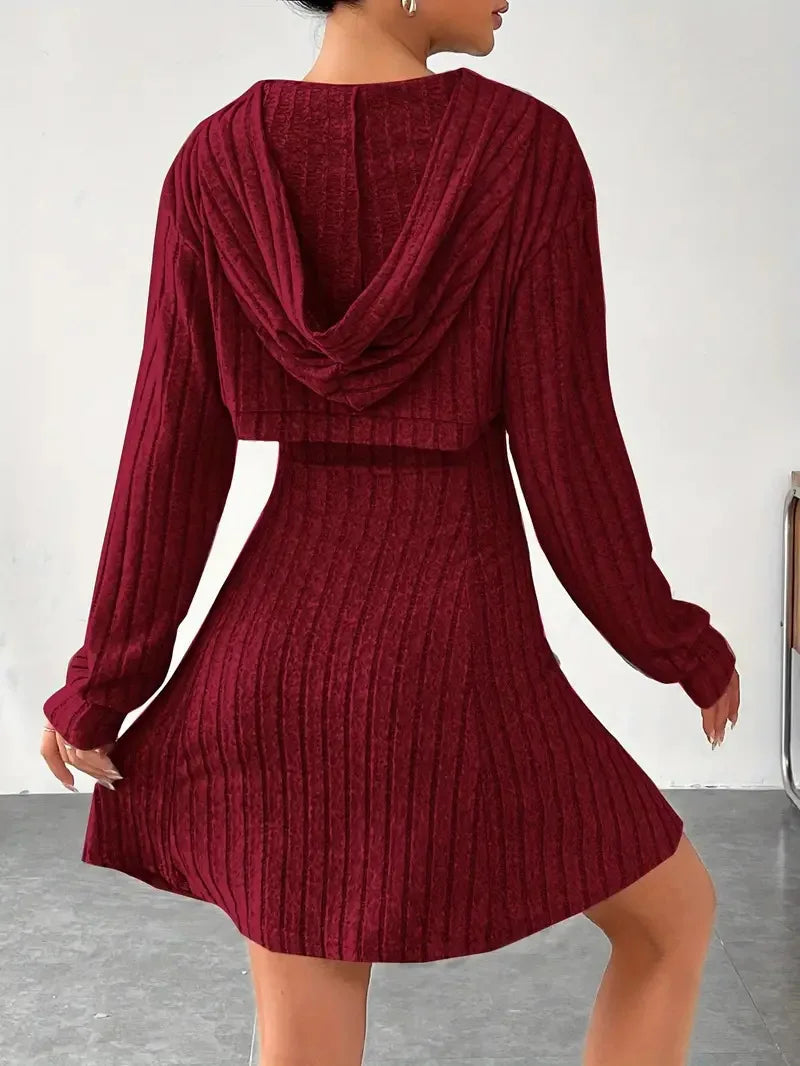 Woman Clothing Set Long Sleeved Hooded Top And Sleeveless Square Neck A-line Vest Dress