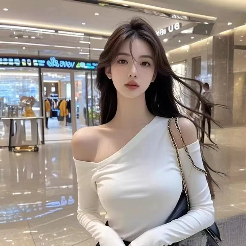 Women's Clothing Sexy Slope-neck Off-shoulder Hollow Long-sleeved Top Popular Versatile T-Shirts