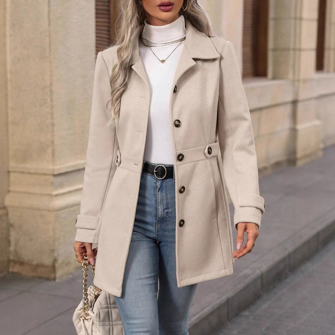 Autumn/Winter New Cross-Border Women's Fashion Flattering Loose-Fit Notched Lapel Single-Row Multi-Button Mid-Length Wool Blazer