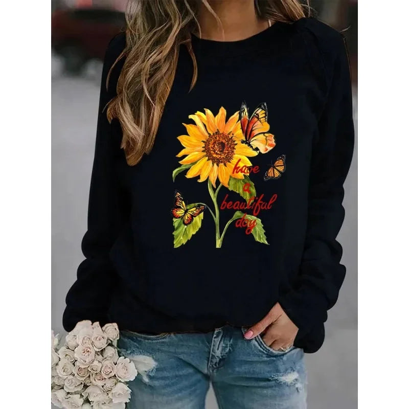 New  Long-sleeved Sunflower Butterfly Print Casual Round Neck Head Round Neck European Hoodie Woman Sweatshirt  Clothes