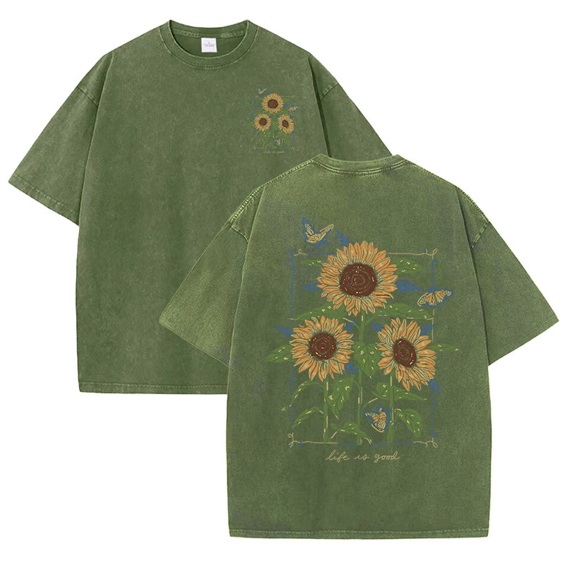 Life Good Beautiful Sunflower Print Washed Plus Size T Shirts Women Soft Cotton T-Shirt Street Short Sleeve Summer Casual Tops