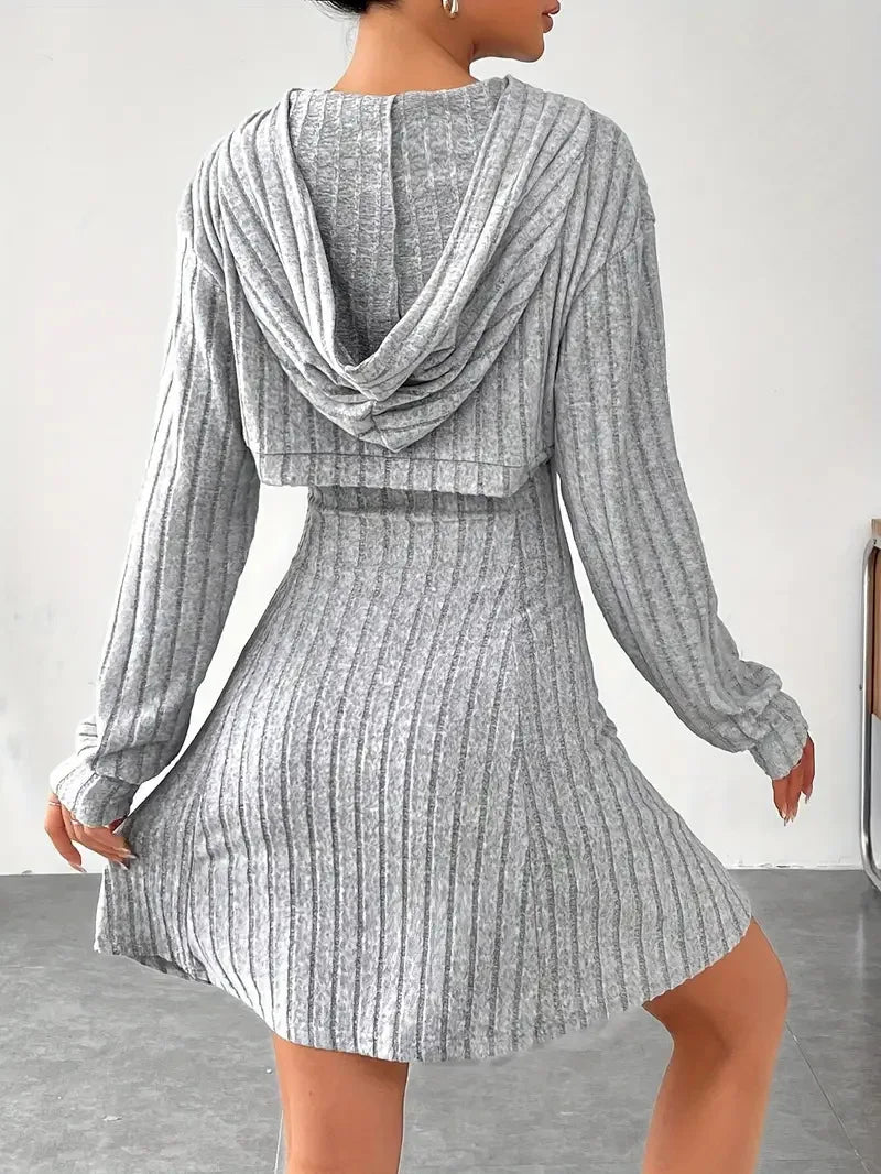 Woman Clothing Set Long Sleeved Hooded Top And Sleeveless Square Neck A-line Vest Dress
