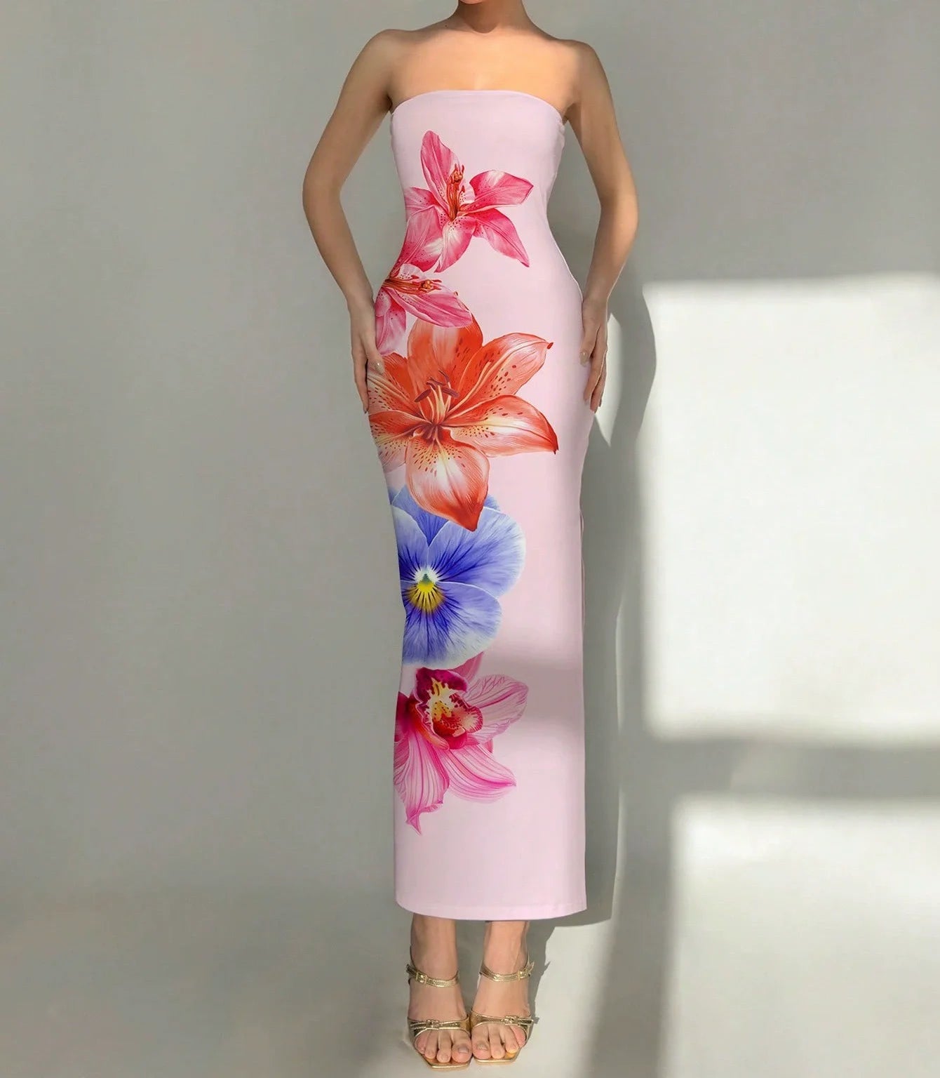 Elegant Fashionable Printed Long Dress New Summer Women's Sexy Slim Fit Chest Wrapped Off Shoulder Casual Dress