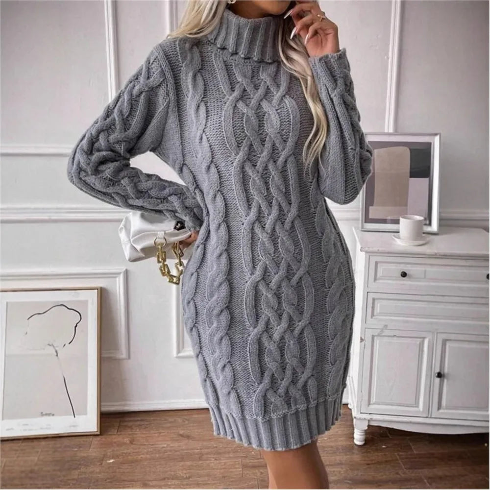 Winter Clothes Woman Pulls Femmes High Neck Vestidos Slim Fit Sweater Knitted Long Sleeve Dress All-match Simple Style Commuting
