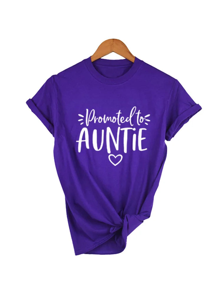 Promoted To Auntie Women's Short Sleeve Tops Tee Summer Funny Casual Short Sleeve T-Shirt New Aunt Tees Aunt To Be Tee Shirt