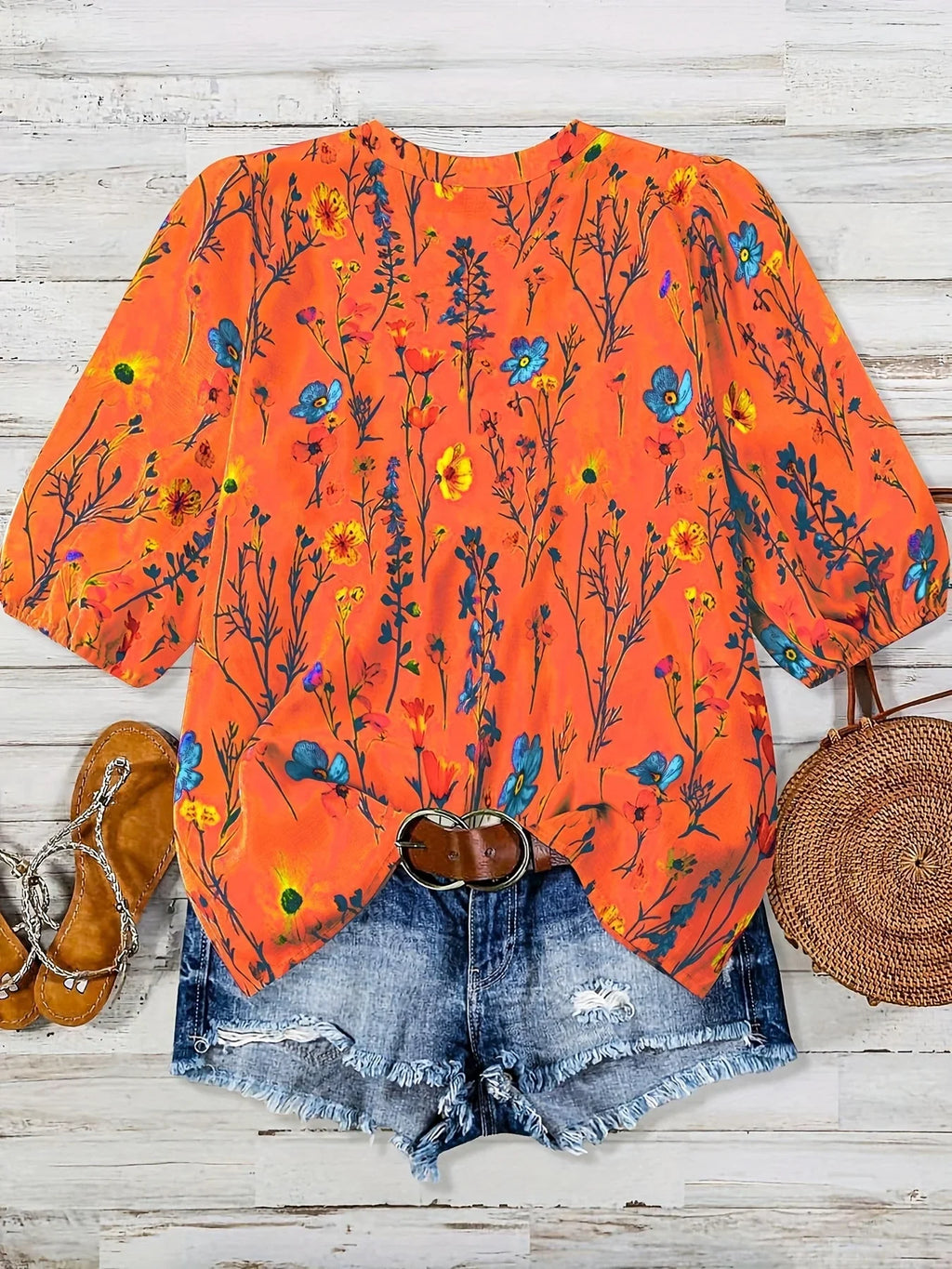 Plus Size 1XL-5XLAutumn Women's Fashion Floral V-Neck Bishop Sleeve Blouse Women Flower Print Elegant Casual Shirt