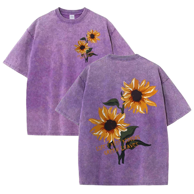 Life Good Beautiful Sunflower Print Washed Plus Size T Shirts Women Soft Cotton T-Shirt Street Short Sleeve Summer Casual Tops