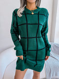 Women Casual Plaid Long Sleeve Knitted Sweater Dress 2026 Autumn Winter Elegant Dress Without The Belt Fashion Woman Clothing