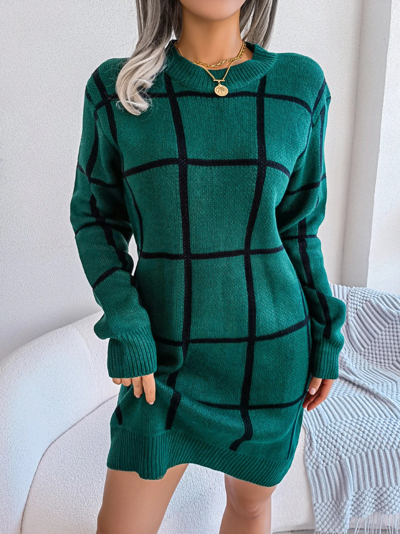 Women Casual Plaid Long Sleeve Knitted Sweater Dress 2026 Autumn Winter Elegant Dress Without The Belt Fashion Woman Clothing