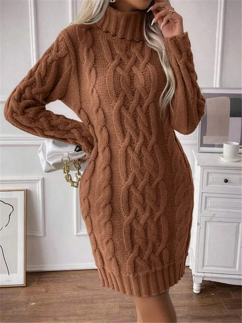 Winter Clothes Woman Pulls Femmes High Neck Vestidos Slim Fit Sweater Knitted Long Sleeve Dress All-match Simple Style Commuting