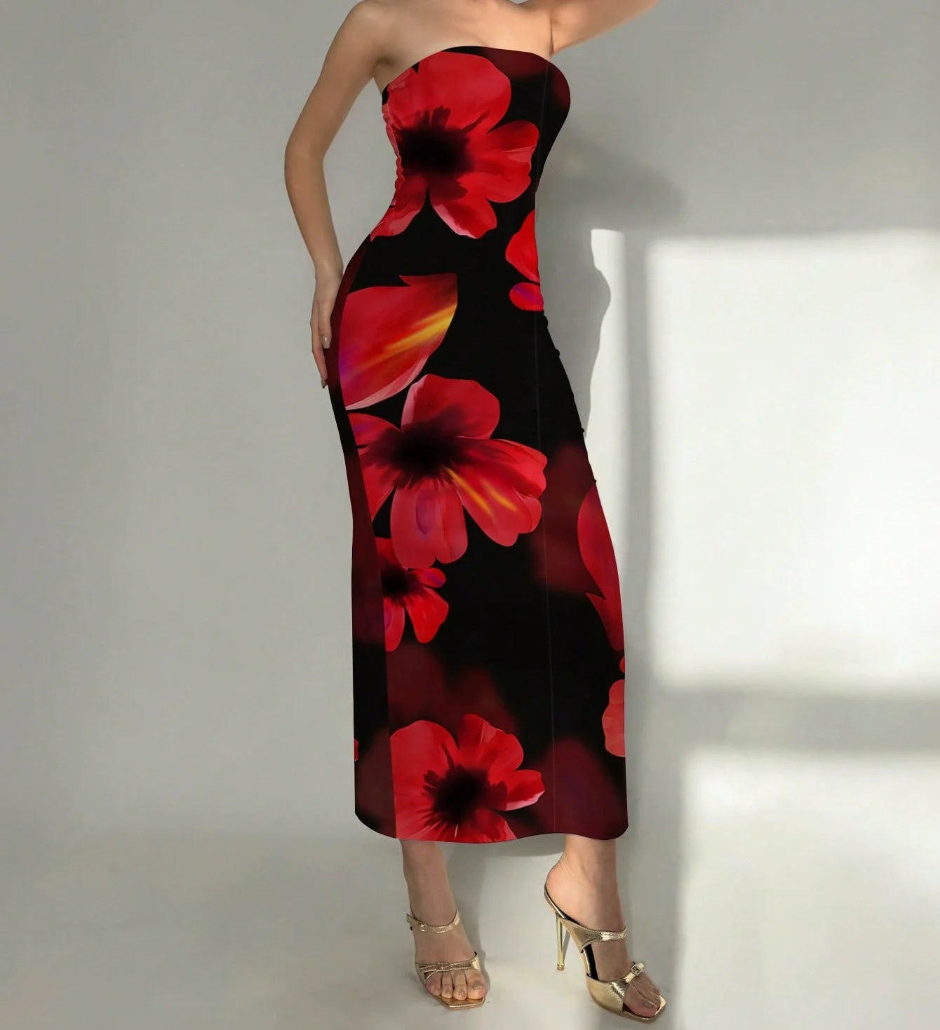 Elegant Fashionable Printed Long Dress New Summer Women's Sexy Slim Fit Chest Wrapped Off Shoulder Casual Dress