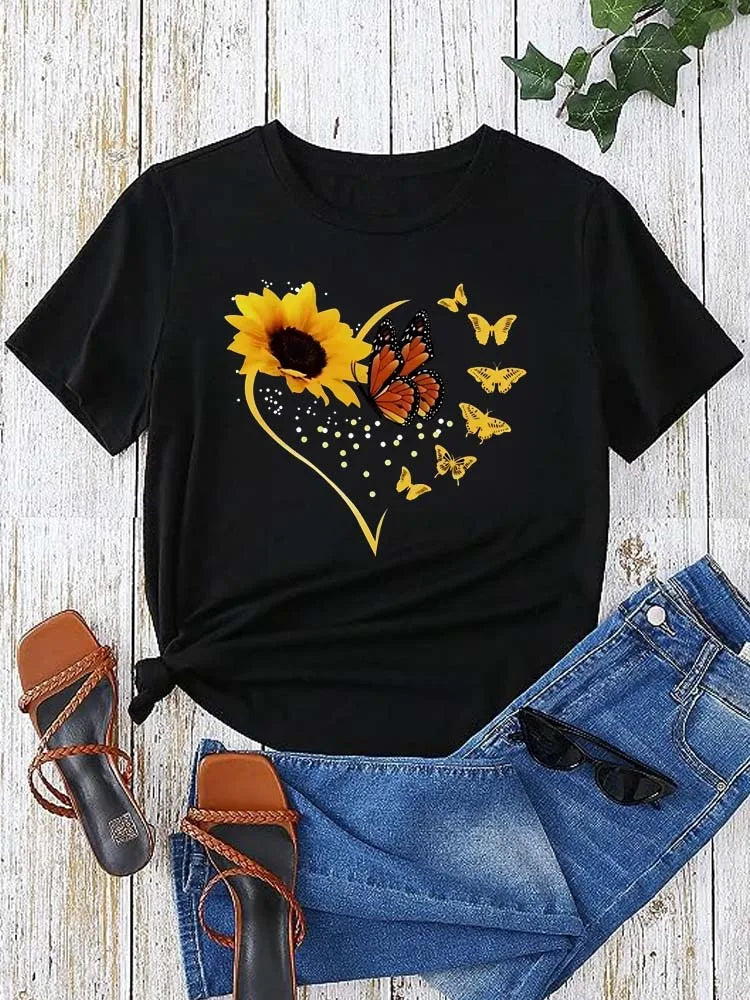 Women's Sunflower Butterfly Print T-Shirt Summer Casual Crew Neck Short Sleeve Female Tops Tees Fashion Women T-shirt