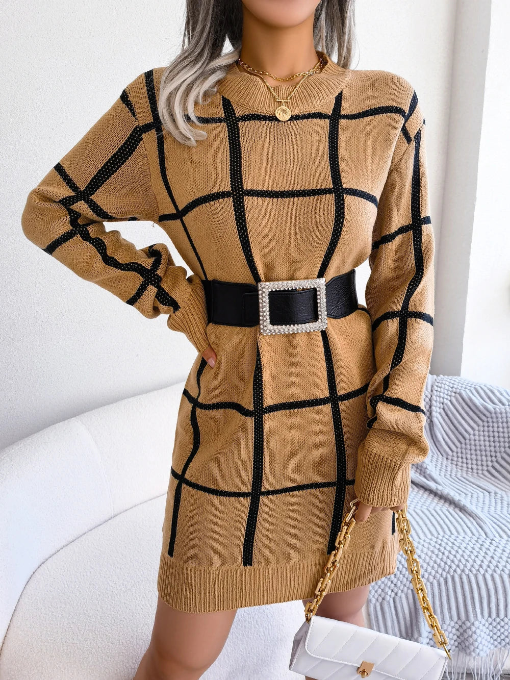 Women Casual Plaid Long Sleeve Knitted Sweater Dress 2026 Autumn Winter Elegant Dress Without The Belt Fashion Woman Clothing