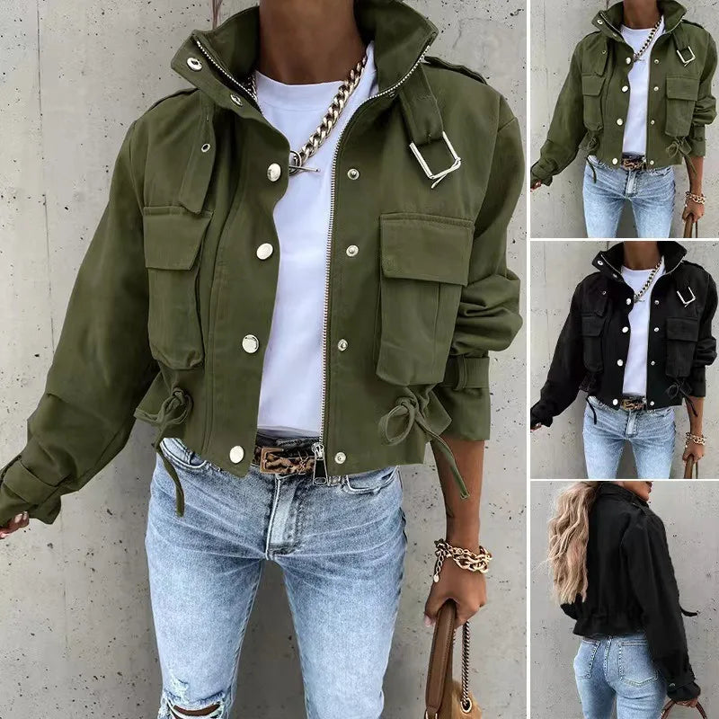 Woman Jacket Clothing Streetwear Autumn &winter Elegant Slim Round Neck Solid Pocket Button Design Long Sleeve Workwear Coats