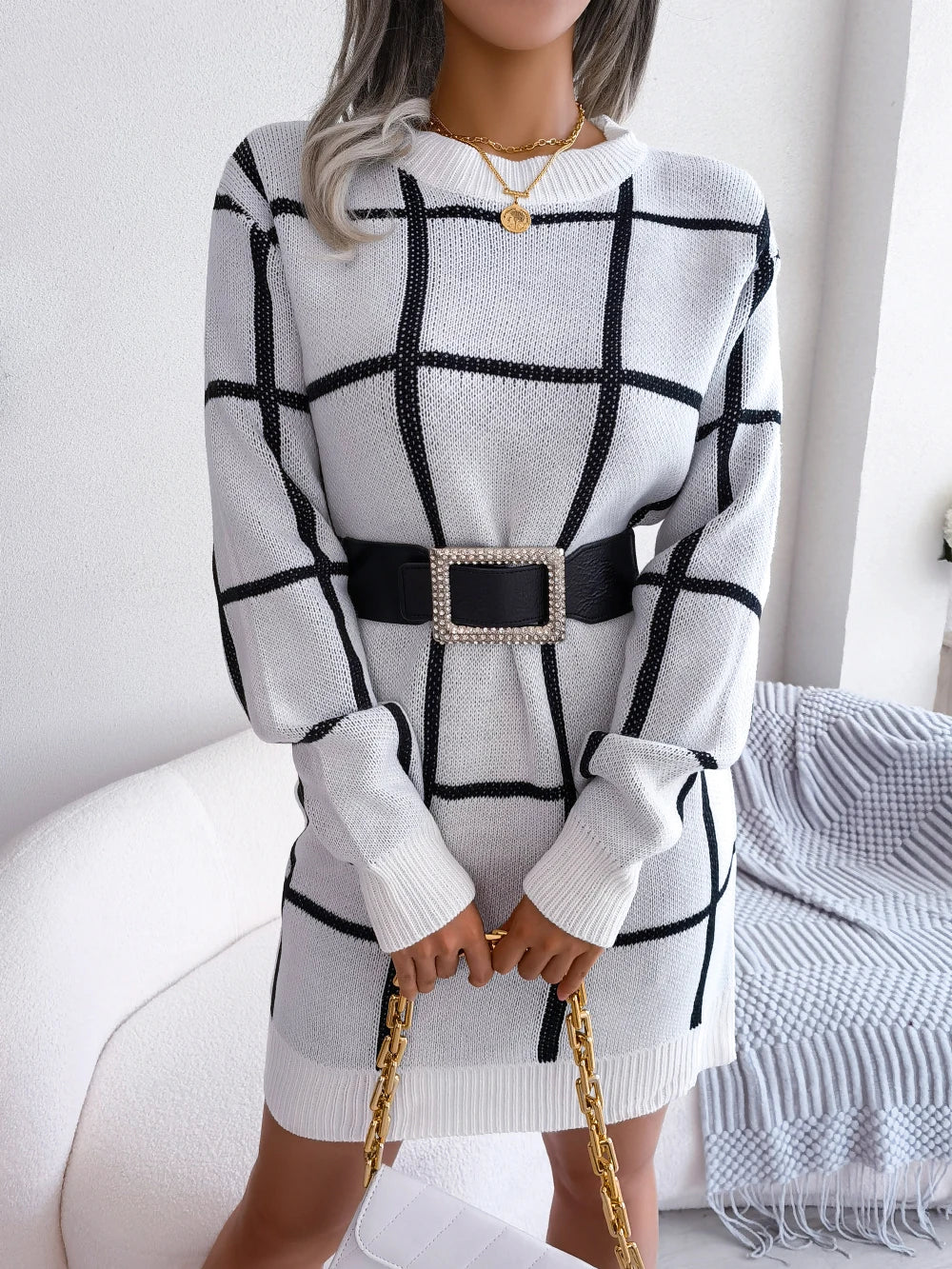 Women Casual Plaid Long Sleeve Knitted Sweater Dress 2026 Autumn Winter Elegant Dress Without The Belt Fashion Woman Clothing