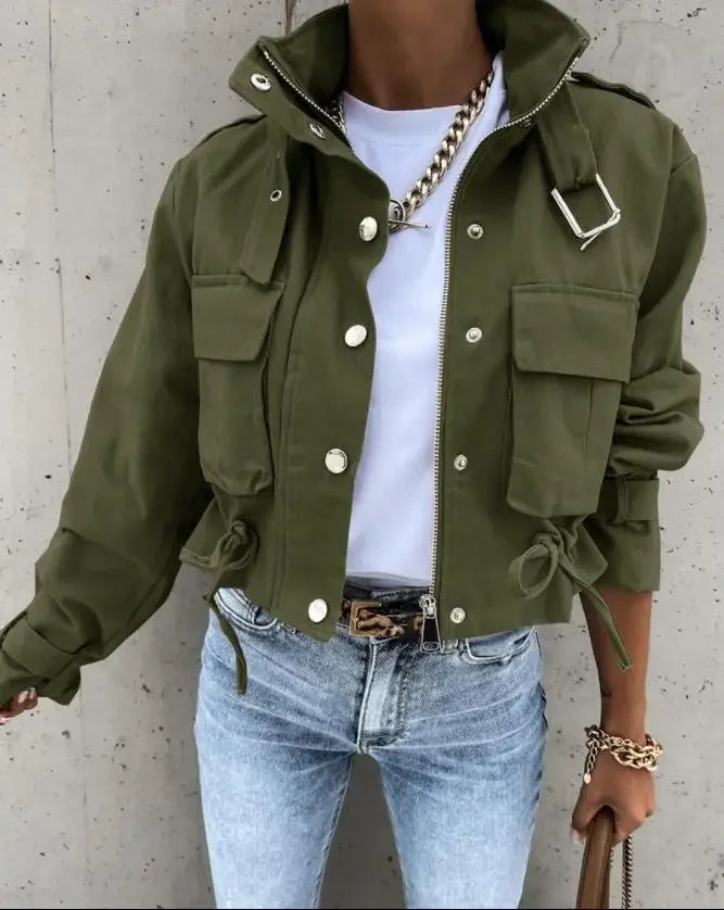 Woman Jacket Clothing Streetwear  Elegant Slim Round Neck Solid Pocket Button Design Long Sleeve Workwear Coats 2023 Autumn