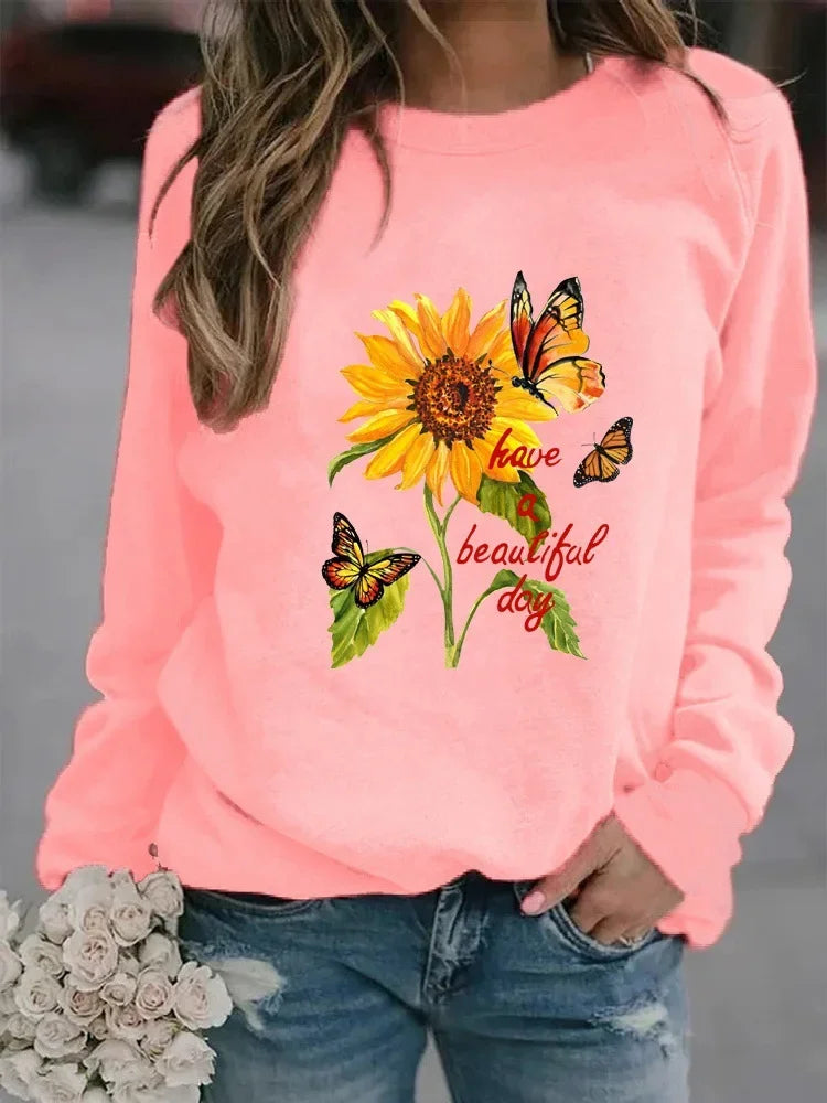 New  Long-sleeved Sunflower Butterfly Print Casual Round Neck Head Round Neck European Hoodie Woman Sweatshirt  Clothes