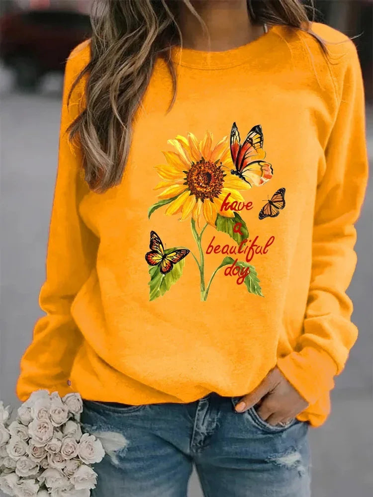 New  Long-sleeved Sunflower Butterfly Print Casual Round Neck Head Round Neck European Hoodie Woman Sweatshirt  Clothes