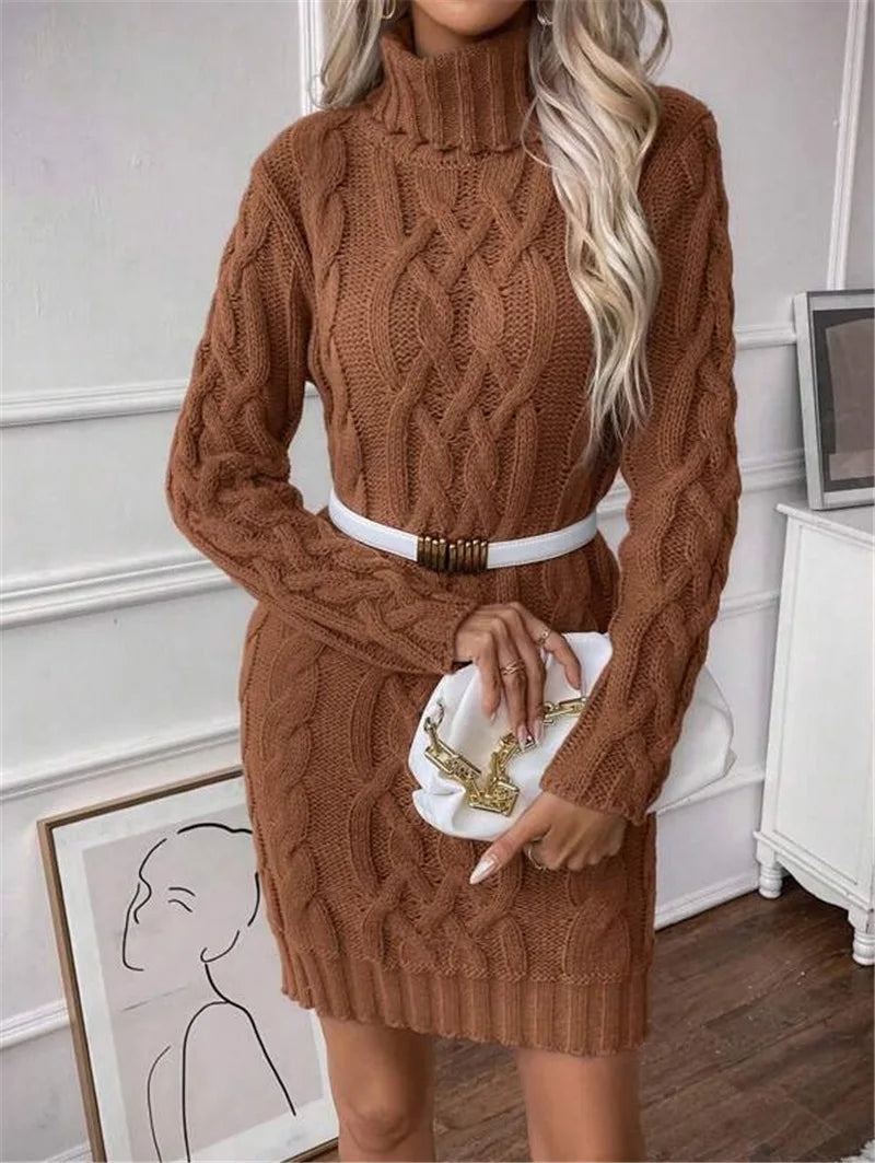 Winter Clothes Woman Pulls Femmes High Neck Vestidos Slim Fit Sweater Knitted Long Sleeve Dress All-match Simple Style Commuting