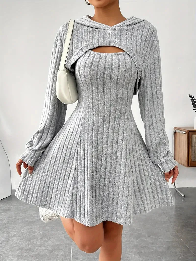 Woman Clothing Set Long Sleeved Hooded Top And Sleeveless Square Neck A-line Vest Dress