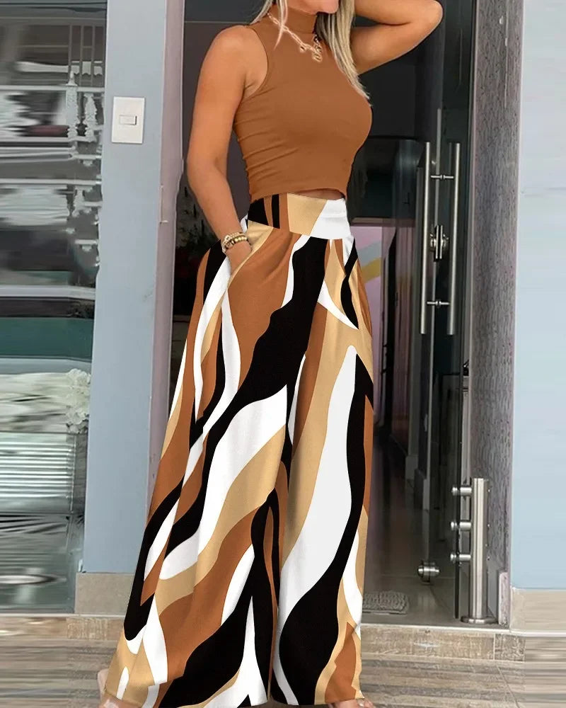 Casual Holiday Outfits For Women Cold Shoulder Top & Plaid Print Wide Leg Pants Set 2025 New High Waist Suits Woman Clothing