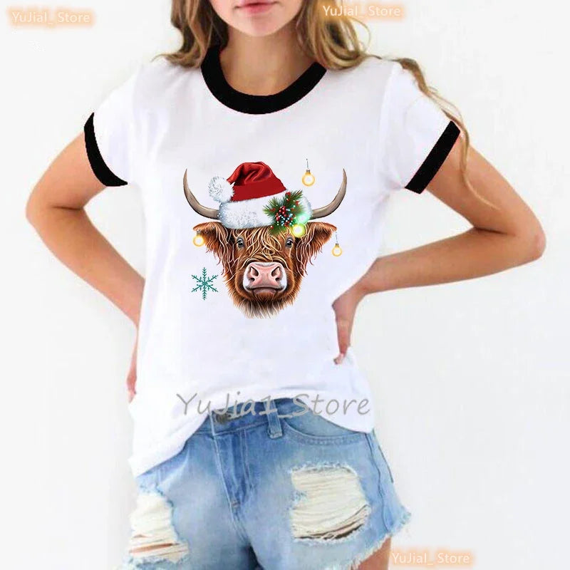 Sunflower Highland Cow Animal Printed T Shirt Women Harajuku Kawaii Clothes Funny Casual Tshirt Femme Short Sleeve T-Shirt