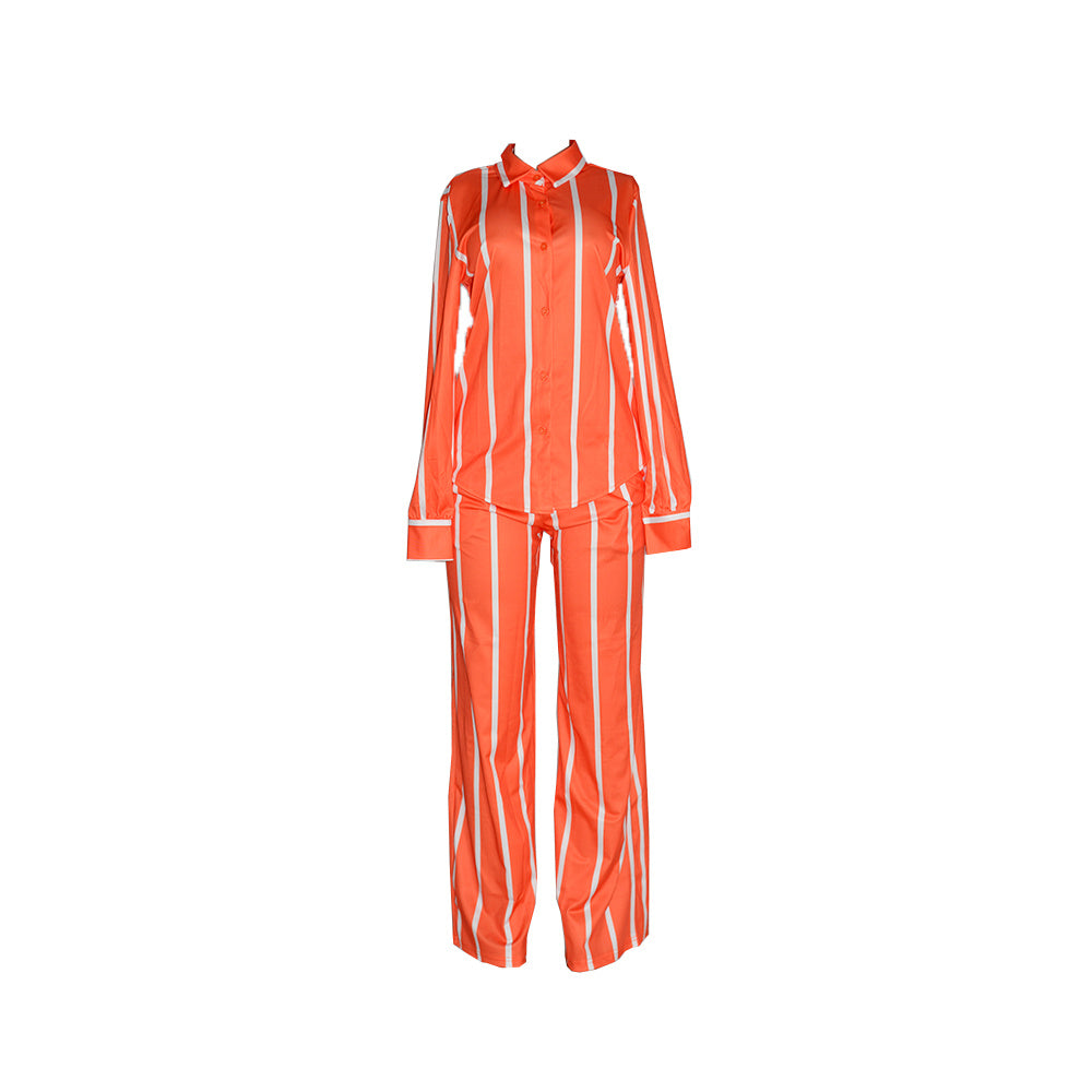 Striped Print Two-piece Set, Button Front Collar Long Sleeve Shirt & High Waist Wide Leg Loose Pants Set, Women's Clothing