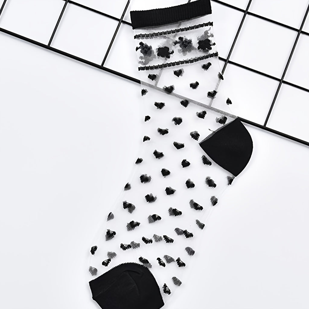 5 Pairs Lace Semi-Sheer Crew Socks, Cute & Comfortable Mesh Stockings, Women's Socks & Hosiery