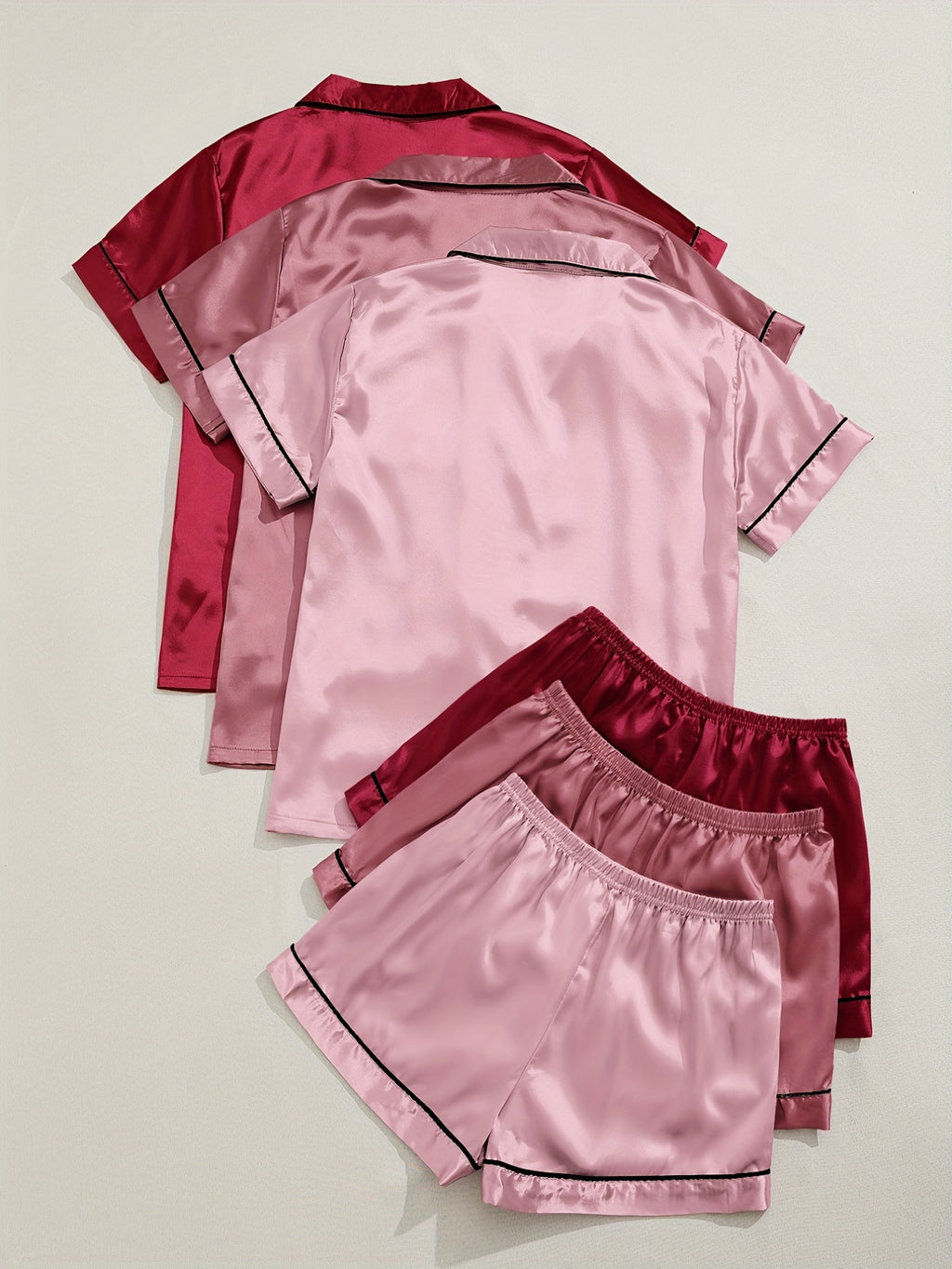 [Three Suits] Multicolor Variety of Short-sleeved Shorts Solid Color Imitation Y Satin PJ Set Women's Two-piece Suit