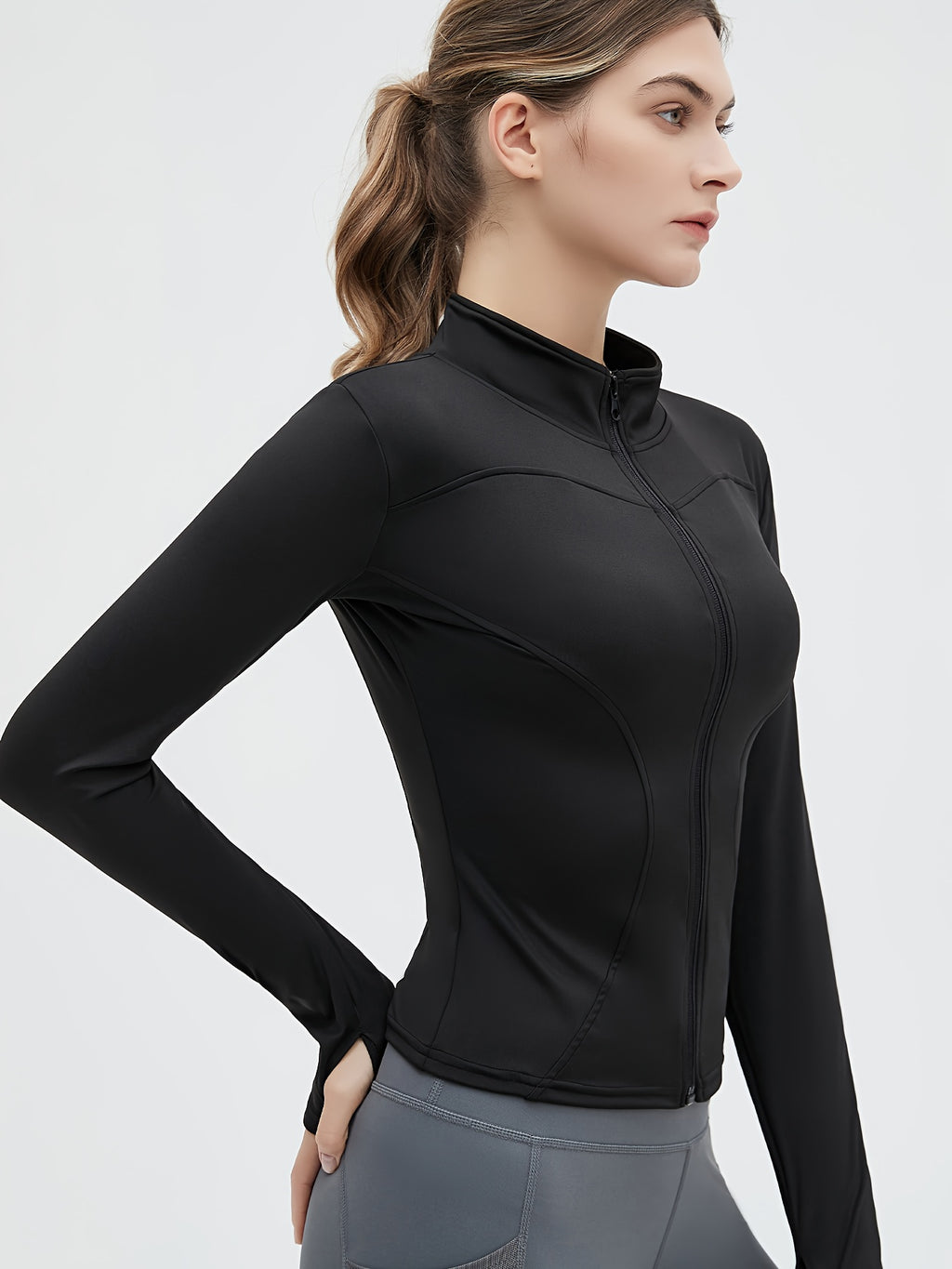 Women's Activewear: Solid Color Full Zipper Jacket With Turtle Neck, Long Sleeve & Thumb Hole For Fitness & Sports