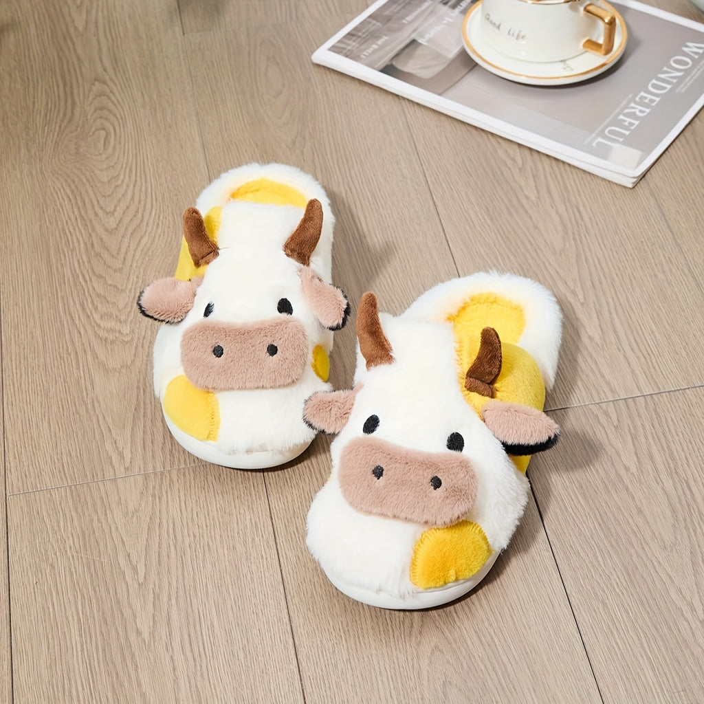 Cozy Home Cute Cartoon Cow Plush Half- Slippers, Couple Matching Style, Thickened and Warm, Women Shoes
