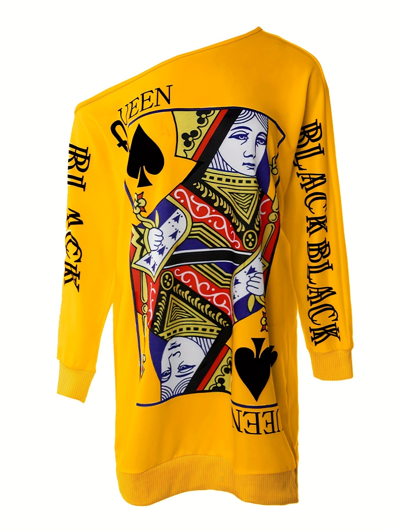Queens Gambit - Slant Shoulder Poker Print Long Sleeve Dress - Fashionable Casual Style for Autumn & Spring - Womens Clothing Wardrobe Staple