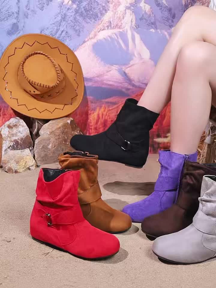 1.18inch Inner Height Increase Women's Short Boots with Flat Sole, Buckle Closure, Comfortable, Warm, and Lightweight, Women Shoes