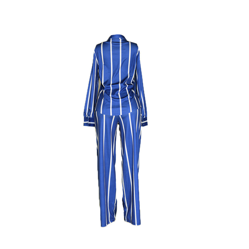 Striped Print Two-piece Set, Button Front Collar Long Sleeve Shirt & High Waist Wide Leg Loose Pants Set, Women's Clothing