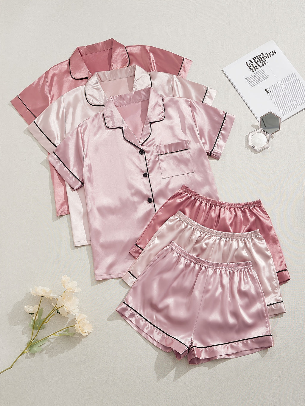 [Three Suits] Multicolor Variety of Short-sleeved Shorts Solid Color Imitation Y Satin PJ Set Women's Two-piece Suit