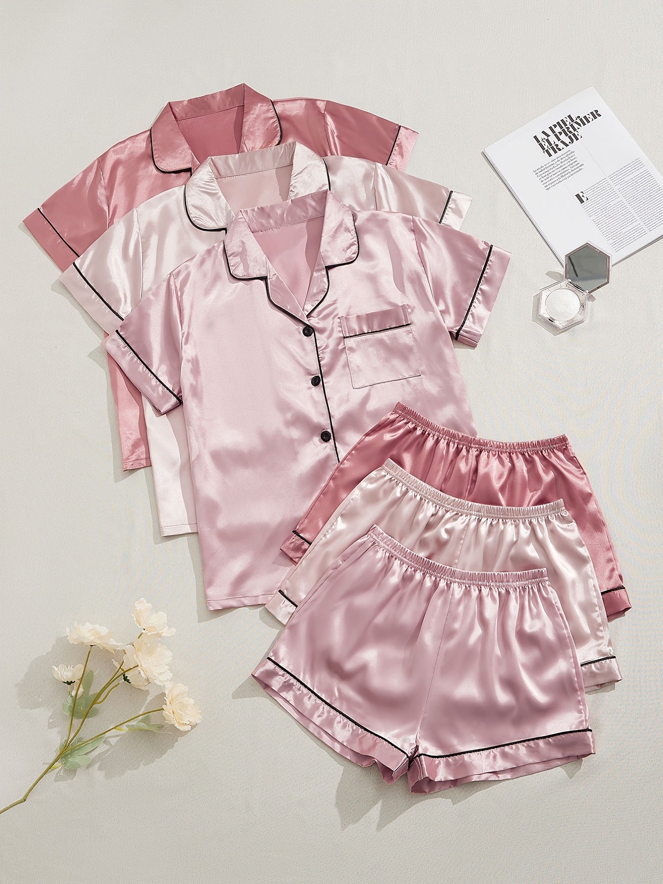 [Three Suits] Multicolor Variety of Short-sleeved Shorts Solid Color Imitation Y Satin PJ Set Women's Two-piece Suit