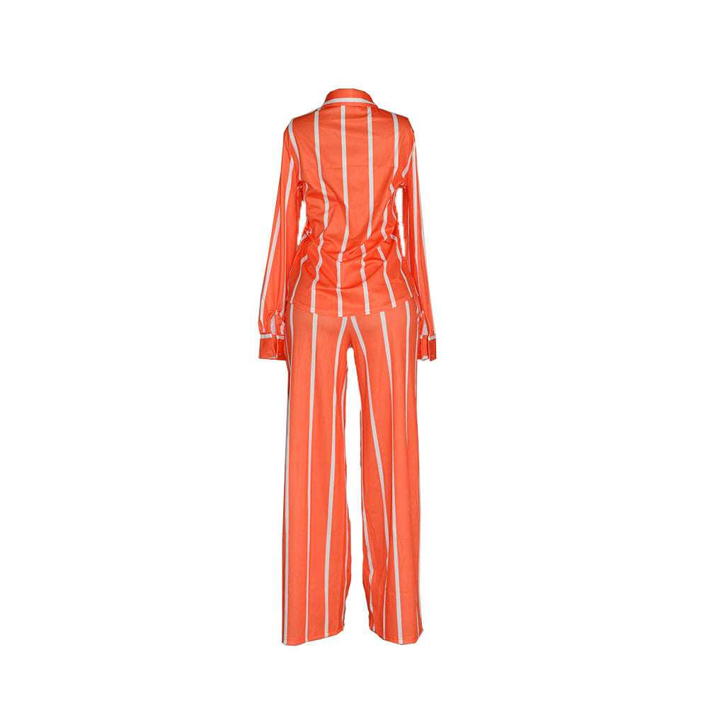 Striped Print Two-piece Set, Button Front Collar Long Sleeve Shirt & High Waist Wide Leg Loose Pants Set, Women's Clothing
