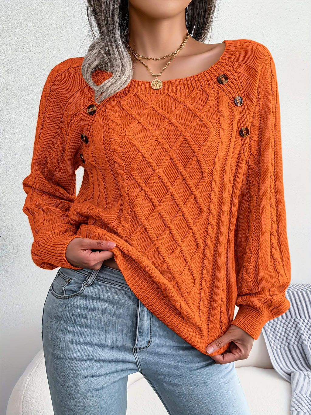 Autumn/Winter European and American Casual Solid Color Square Neck Button Twist Long Sleeve Pullover Sweater