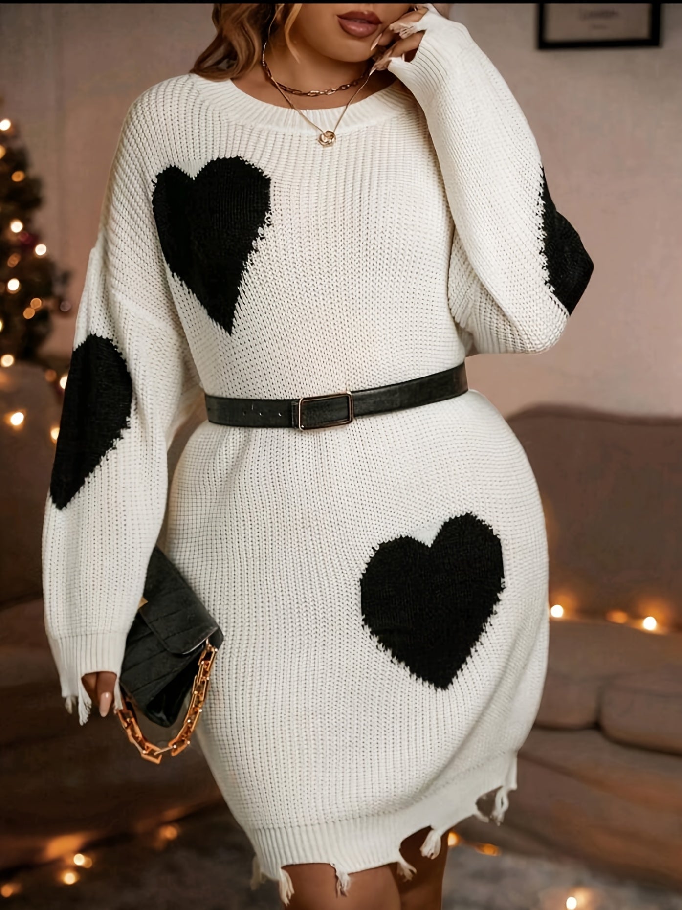 Plus Size - Plus Size - Plus Size, Women'S Elegant Sweaterdress - Longline A-Line skirt, Black Heart Accent, Plus Size Friendly, All-Season Casual & Formal Outfits - Valentine'S Day Party Everyday Chic Outfit, Versatile Wardr