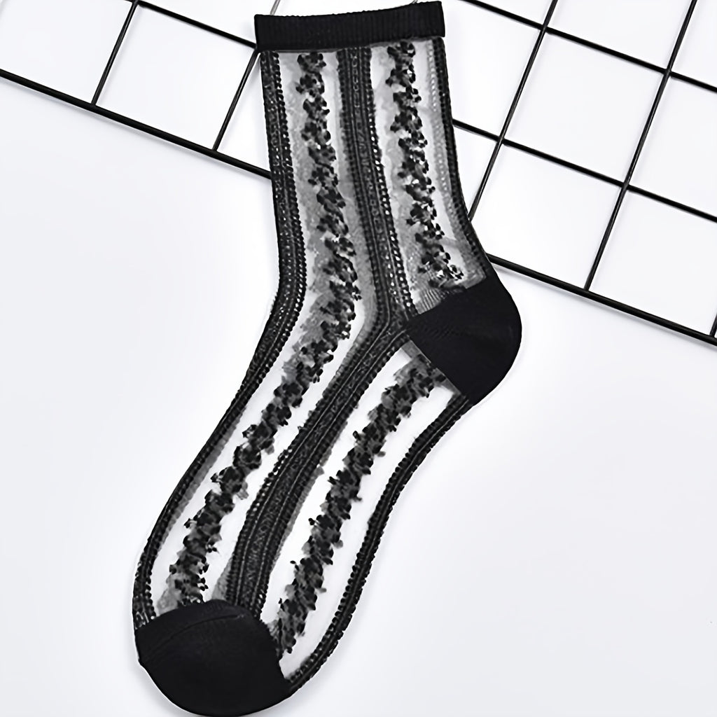 5 Pairs Lace Semi-Sheer Crew Socks, Cute & Comfortable Mesh Stockings, Women's Socks & Hosiery