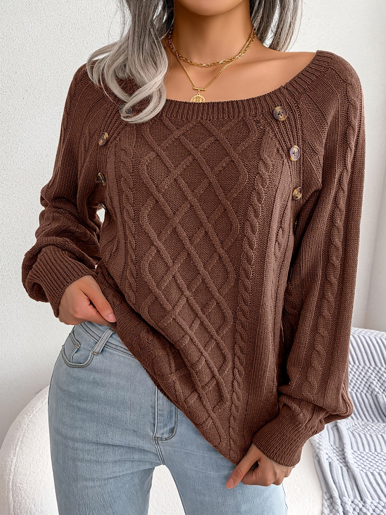 Autumn/Winter European and American Casual Solid Color Square Neck Button Twist Long Sleeve Pullover Sweater