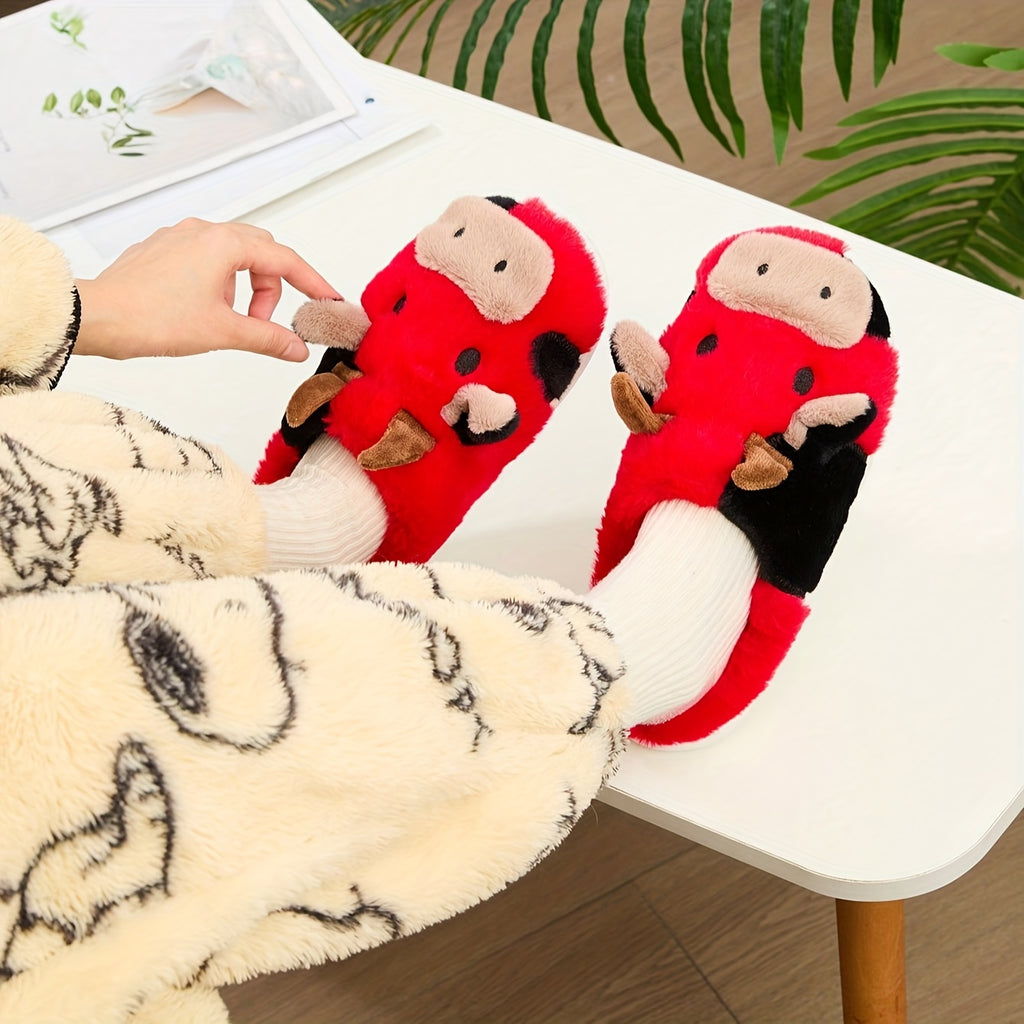 Cozy Home Cute Cartoon Cow Plush Half- Slippers, Couple Matching Style, Thickened and Warm, Women Shoes